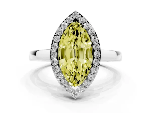 Fancy Yellow Marquise Cut Halo Diamond Ring with Solitaire Band and Prong Setting Platinum