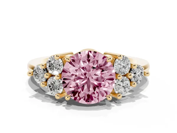 Fancy Pink Round Cut Brilliant Diamond Cluster Accent Solitaire Ring with Prong Setting Yellow gold