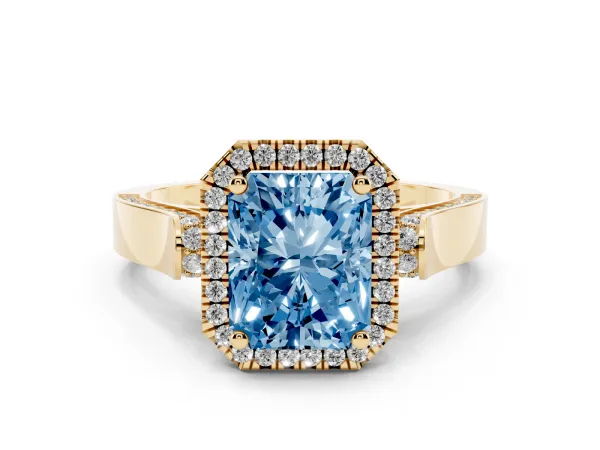 Fancy Blue Radiant Cut Halo Pave Split Shank Prong Setting Ring Yellow gold