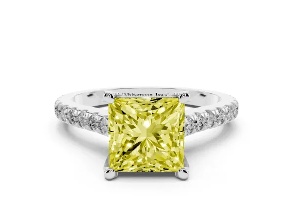 Fancy Yellow Princess Cut Brilliant Diamond Solitaire with Pavé Band and Four-Prong Setting White gold