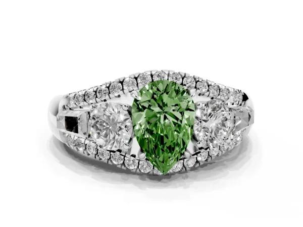 Fancy Green Three-Stone Pear Cut Diamond Engagement Ring with Pave Band and Prong Setting Platinum