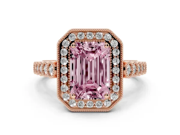 Fancy Pink Emerald Cut Halo Milgrain Solitaire with Bezel Set Side Stones and Pave Band Rose gold