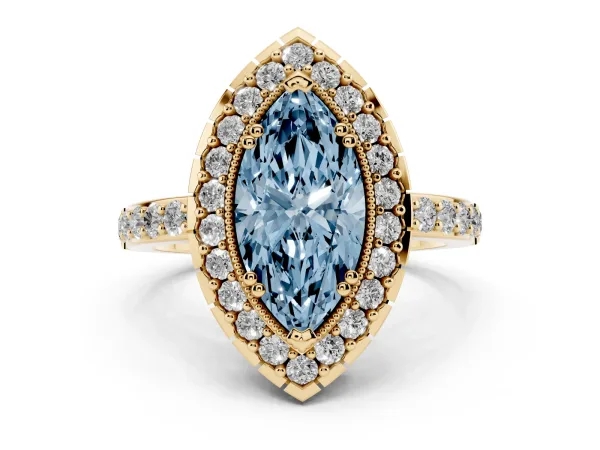 Fancy Blue Marquise Cut Diamond Halo Ring with Pavé Band and Prong Setting Yellow gold