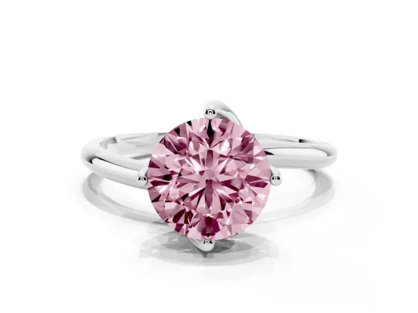 Fancy Pink Round Cut Diamond Solitaire Engagement Ring with Four-Prong Setting and Classic Band White gold