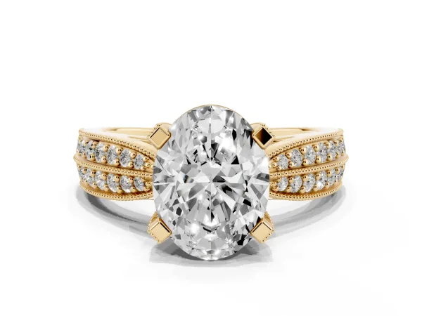Oval Cut Diamond Solitaire Ring with Milgrain Round Pavé Band and Prong Setting Yellow gold