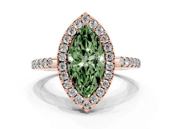 Fancy Green Marquise Cut Diamond Pavé Halo Ring with Four-Prong Setting Rose gold