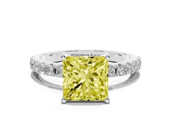 Fancy Yellow Princess Cut Diamond Solitaire Pavé Band with Four-Prong Setting White gold