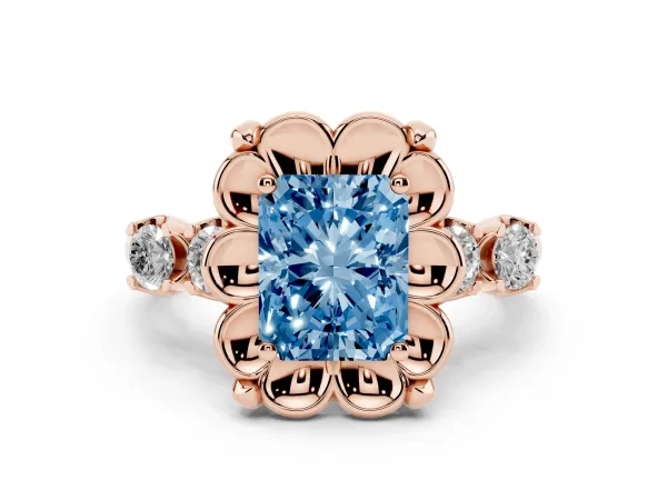Fancy Blue Radiant Cut Cut Diamond Floral Halo Engagement Ring with Shared Prong Setting Rose gold