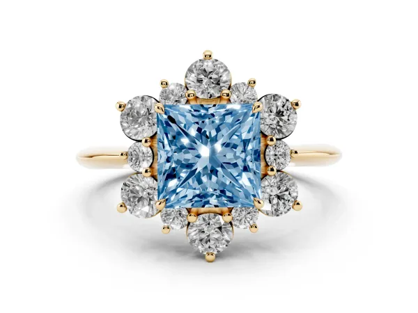 Fancy Blue Princess Cut Diamond Cluster Halo Ring with Solitaire Band and Four-Prong Setting Yellow gold