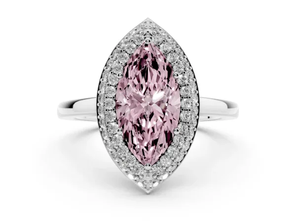 Fancy Pink Marquise Cut Halo Diamond Engagement Ring with Solitaire Band and Four-Prong Setting White gold