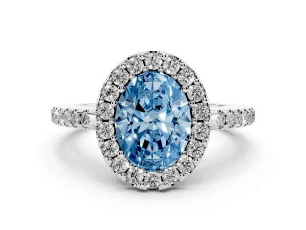 Fancy Blue Oval Cut Diamond Pavé Halo Ring with Four-Prong Setting White gold