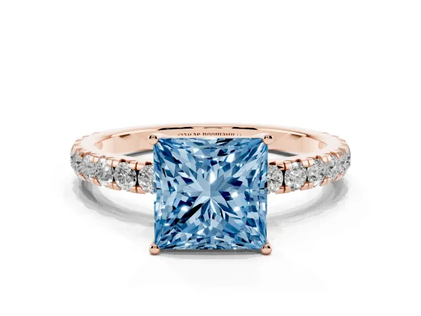 Fancy Blue Princess Cut Diamond Pavé Solitaire Engagement Ring with Four-Prong Setting Rose gold