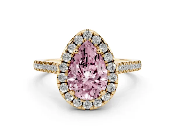 Fancy Pink Pear Cut Diamond Cushion Halo Ring with Pavé Band Yellow gold