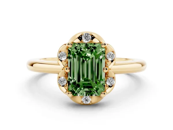 Fancy Green Emerald Cut Halo Diamond Ring with Round Cluster Setting, Solitaire Band, and Four-Prong Setting Yellow gold