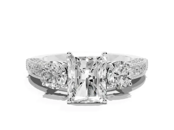 Radiant Cut Three-Stone Diamond Ring with Pavé Band and Four-Prong Setting White gold