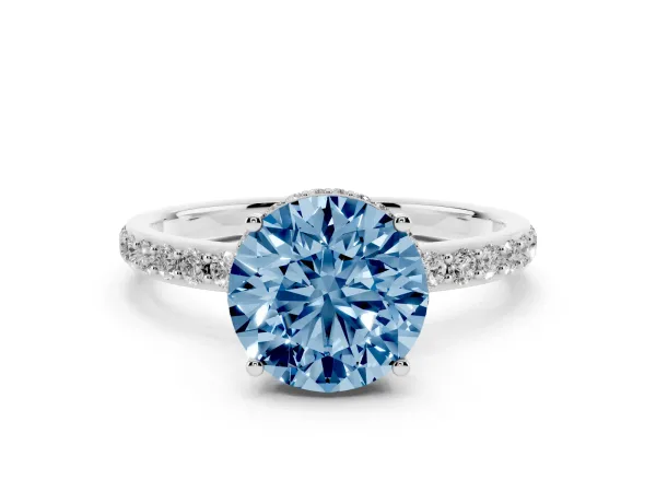 Fancy Blue Round Cut Diamond Solitaire Ring with Pavé Band and Hidden Halo Platinum