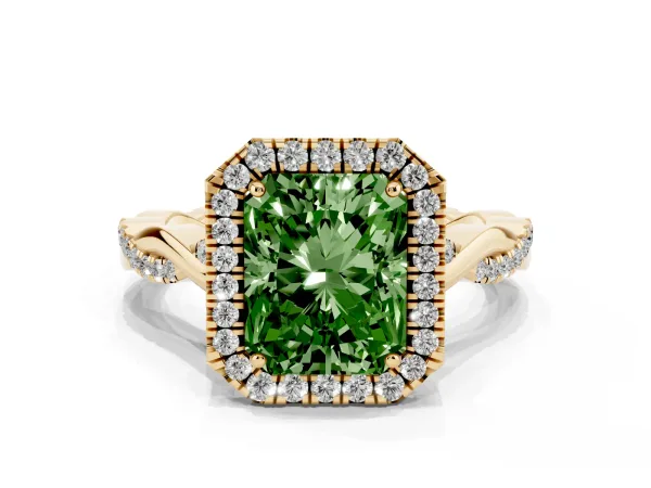 Fancy Green Radiant Cut Halo Twist Band Solitaire Ring Yellow gold
