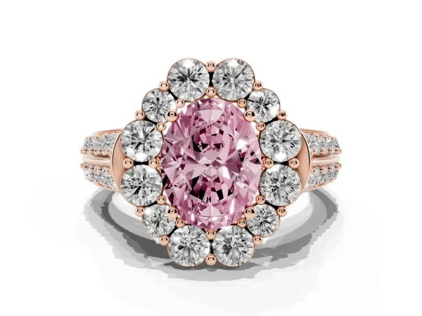 Fancy Pink Oval Cut Halo Diamond Engagement Ring with Split Shank and Prong Setting Rose gold