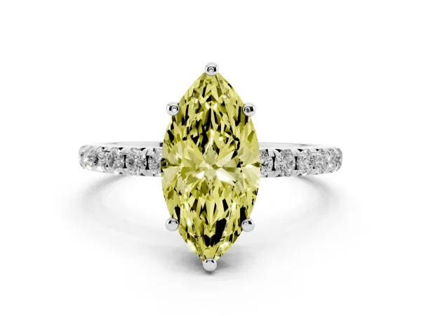 Fancy Yellow Marquise Cut Cut Diamond Solitaire Ring with Micro Pave Band and Four Prong Setting Platinum