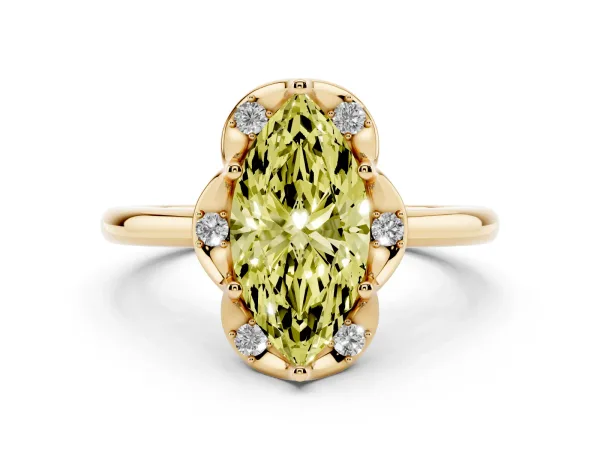 Fancy Yellow Marquise Cut Halo Diamond Ring with Round Cluster Setting, Solitaire Band, and Four-Prong Setting Yellow gold