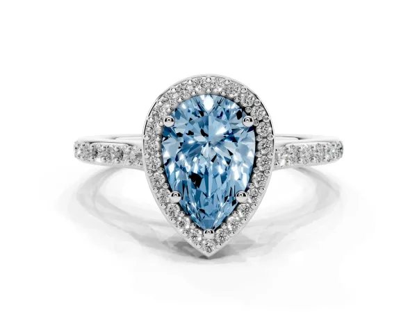 Fancy Blue Pear Cut Diamond Halo Engagement Ring with Round Pavé Shoulders and Prong Setting White gold