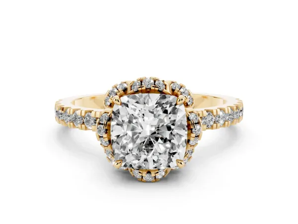 Cushion Cut Diamond Halo Pave Band with Four-Prong Setting Yellow gold