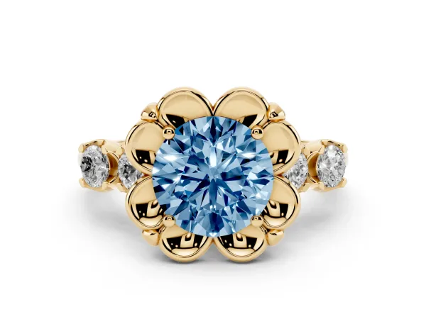 Fancy Blue Round Cut Cut Diamond Floral Halo Engagement Ring with Shared Prong Setting Yellow gold