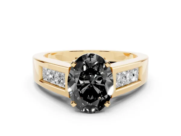 Fancy Black Oval Cut Cut Channel Set Solitaire Ring with Four-Prong Setting Yellow gold