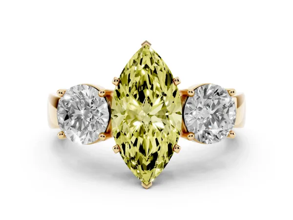 Fancy Yellow Three-Stone Marquise Cut Diamond Ring with Round Side Stones, Classic Band, and Four-Prong Setting Yellow gold