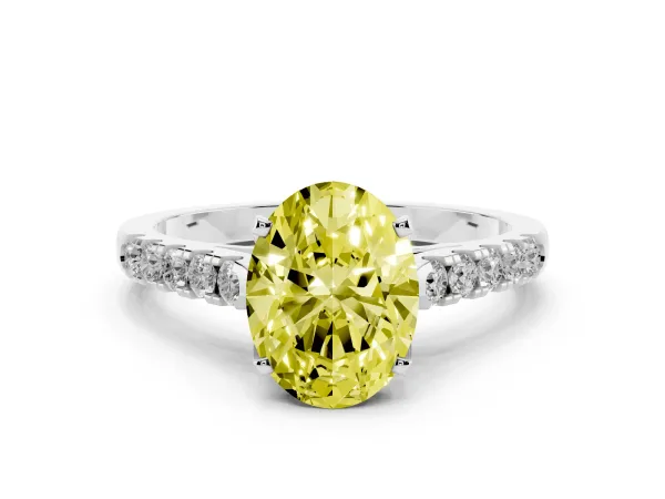 Fancy Yellow Oval Cut Diamond Pavé Band Solitaire Ring with Prong Setting White gold