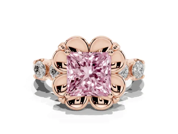 Fancy Pink Princess Cut Cut Diamond Floral Halo Engagement Ring with Shared Prong Setting Rose gold