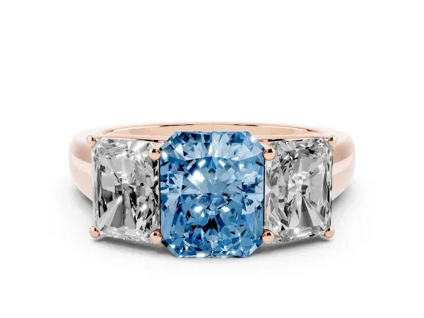 Fancy Blue Radiant Cut Three-Stone Diamond Ring with Prong Setting on a Classic Band Rose gold