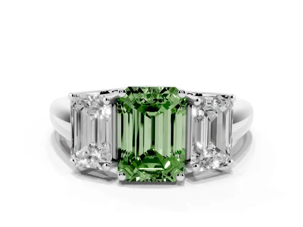 Fancy Green Three-Stone Emerald Cut Diamond Engagement Ring with Prong Setting White gold