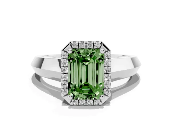 Fancy Green Emerald Cut Halo Diamond Ring with Cathedral Band and Four-Prong Setting White gold