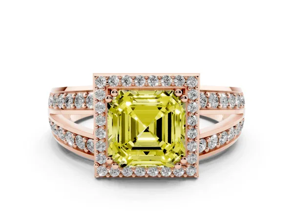 Fancy Yellow Asscher Cut Diamond Halo Ring with Split Shank Pavé Band and Four-Prong Setting Rose gold