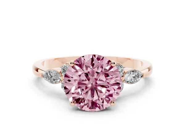Fancy Pink Round Cut Brilliant Diamond Solitaire Ring with Pear Side Stones and Four-Prong Setting Rose gold