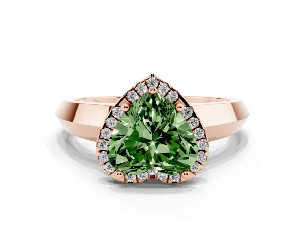 Fancy Green Heart Cut Halo Diamond Ring with Cathedral Band and Four-Prong Setting Rose gold