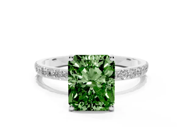 Fancy Green Radiant Cut Diamond Solitaire Ring with Round Pavé Shoulders and Prong Setting White gold