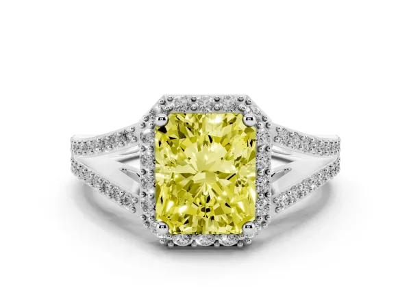Fancy Yellow Radiant Cut Halo Split Shank Pave Diamond Ring with Four-Prong Setting White gold