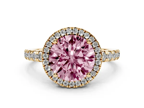 Fancy Pink Round Cut Diamond Halo Ring with Pavé Band and Four-Prong Setting Yellow gold