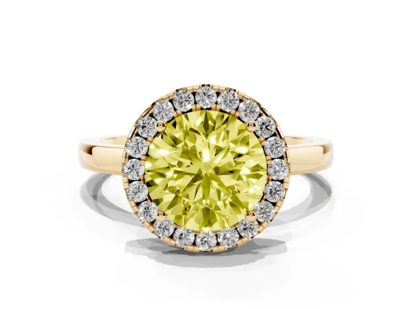 Fancy Yellow Round Cut Halo Diamond Solitaire with Pavé Band and Four-Prong Setting Yellow gold