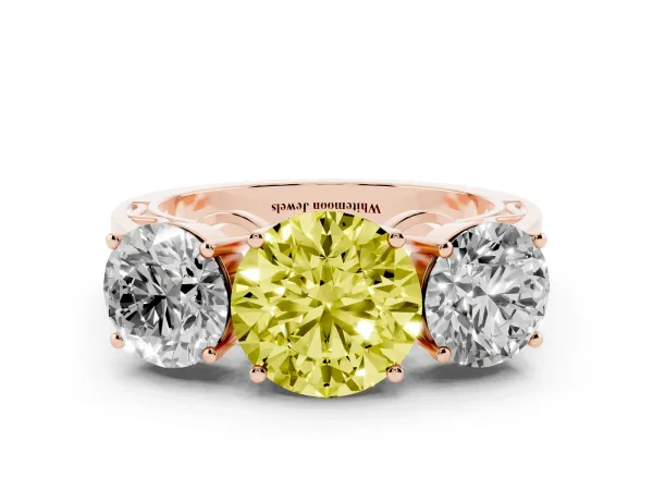 Fancy Yellow Round Cut Diamond Three-Stone Ring with Prong Setting and Textured Band Rose gold