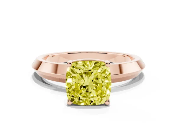 Fancy Yellow Cushion Cut Cut Solitaire Engagement Ring with Flat Band and Four-Prong Setting Rose gold