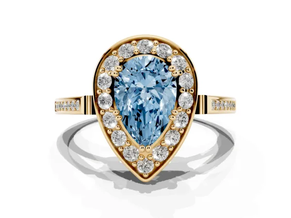 Fancy Blue Pear Cut Diamond Halo Ring with Split Shank and Four-Prong Setting Yellow gold