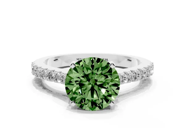Fancy Green Round Cut Cut Solitaire Diamond Engagement Ring with Pave Band and Four-Prong Setting Platinum