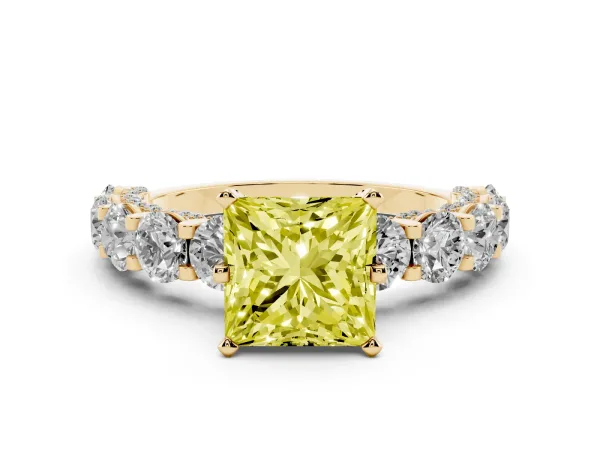 Fancy Yellow Princess Cut Diamond Side Stone Engagement Ring with Four-Prong Setting Yellow gold