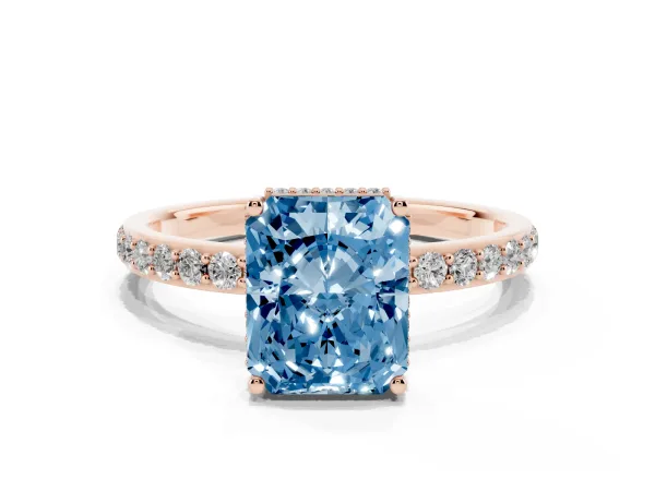 Fancy Blue Radiant Cut Diamond Solitaire Ring with Pavé Band and Hidden Halo Rose gold