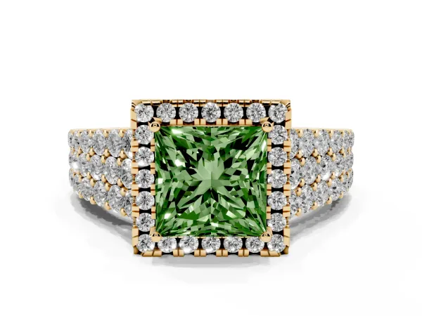 Fancy Green Princess Cut Diamond Halo Engagement Ring with Triple Row Round Pavé Band and Prong Setting Yellow gold