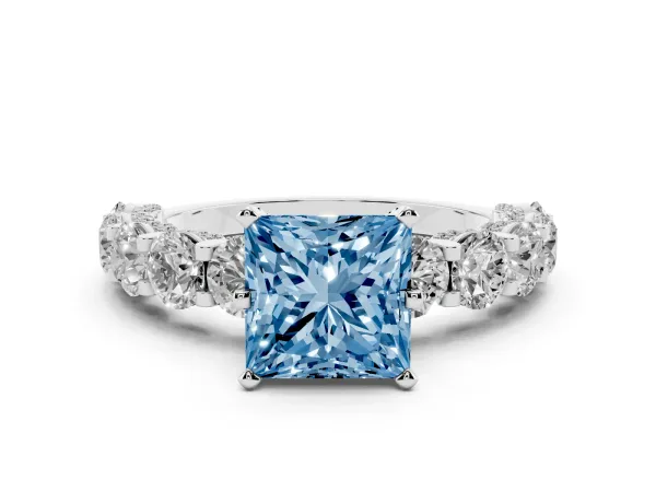 Fancy Blue Princess Cut Diamond Side Stone Engagement Ring with Four-Prong Setting Platinum