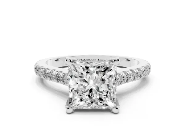 Princess Cut Brilliant Diamond Solitaire with Pavé Band and Four-Prong Setting White gold